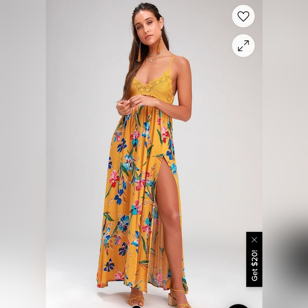 Lulu's Laela Mustard Yellow Floral Print Crochet Print Swim Cover Up